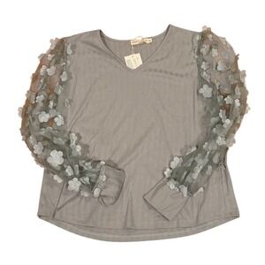 Grace+Emma Gray Ribbed V-Neck Top 3D Floral Mesh Sleeve XL NWT Whimsicore Fairy‎
